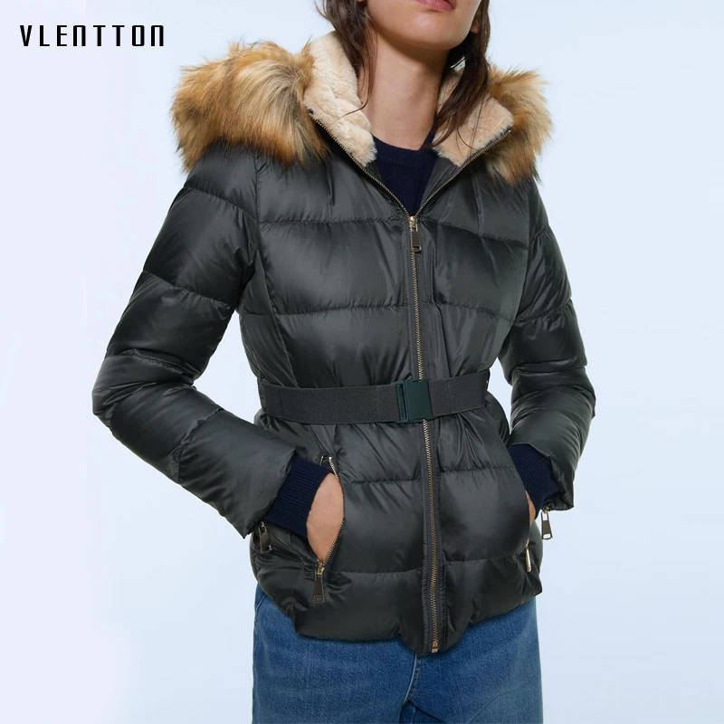 Осенне-зимняя приталенная теплая куртка с капюшоном и поясом пальто женская