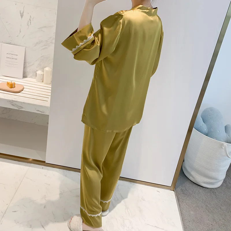 

Cute Shirt&Pants Soft Satin 2PCS Women Pajamas Set Loungewear 2021 New Sleepwear Pyjamas Casual Nightwear Intimate Lingerie