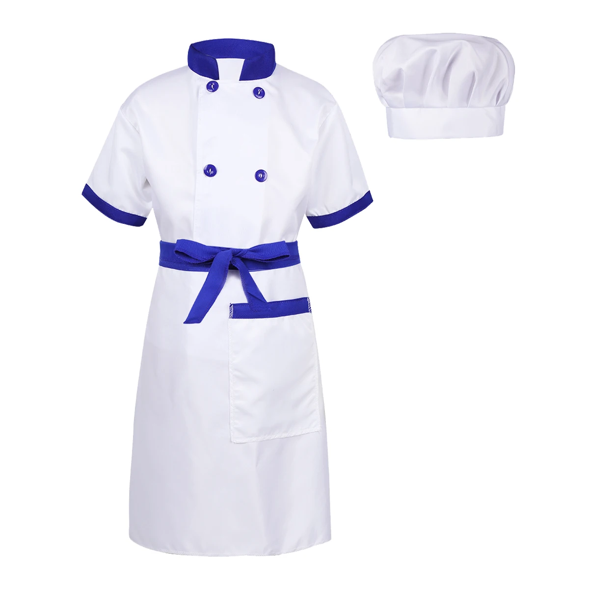 

Костюм шеф-повара для мальчиков и девочек, комплект из 4 предметов, куртка с коротким рукавом и фартук и шляпа, тематический вечерний костюм ...