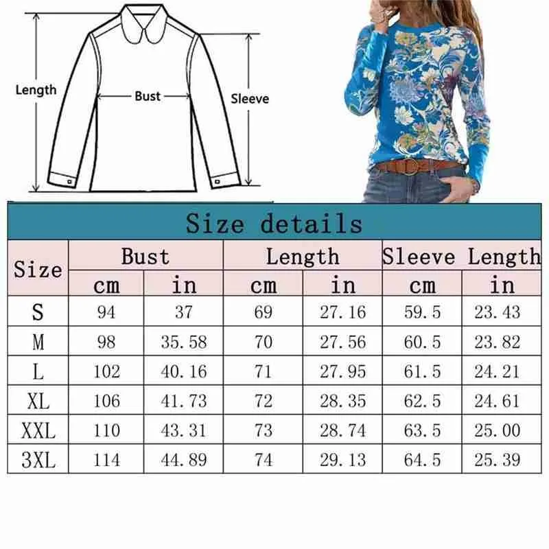 

New Women Floral Printed T Shirt Casual Round Neck Print Floral Top Pullover Sleeve Fashion T Long Print Loose Shirt Flower M3O1