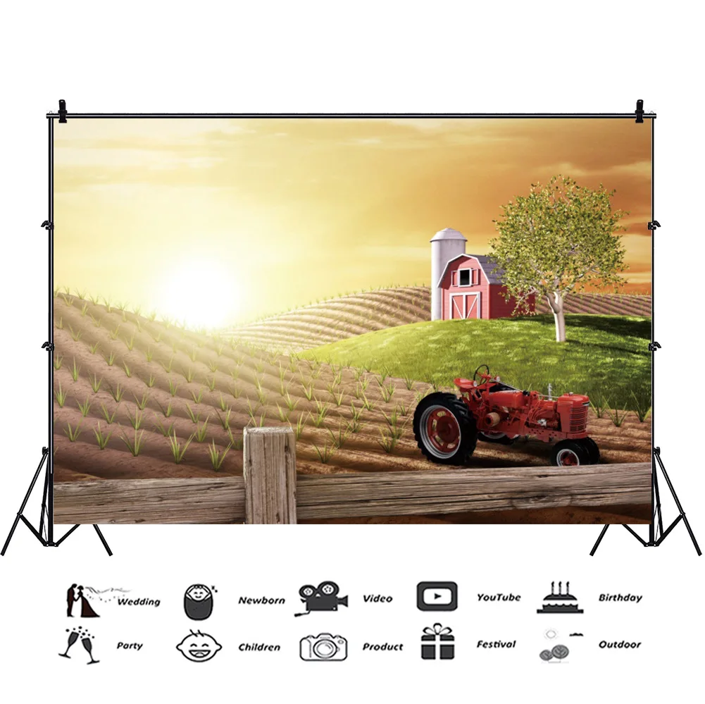 

View of Crop Field Cabin Sunset Background for Portrait Photography Decors Photographic Backdrops Photocall Studio