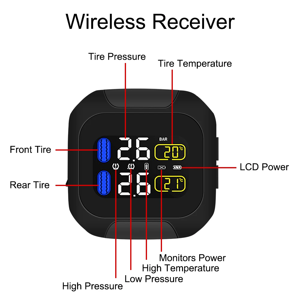 

2 External Internal TH/WI Sensors Tyre Temperature Alarm Motor Tire Pressure Monitoring System LCD Display Motorcycle TPMS