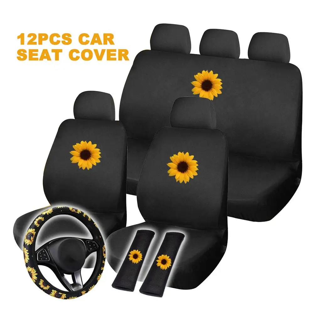 

12PCS Car Seat Cover Set Steering Wheel Cover Sunflower Print All Year Round Use Seat Case Set Universal Fits Most Cars Covers