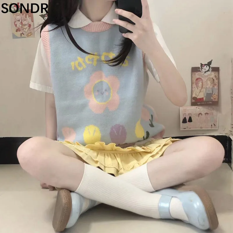 

Japanese Kawaii Knitting Sweater Vest Women Autumn Sweet Cute Soft Girl All-Match Pullover Tops O-Neck Sleeveless Vests Sweaters