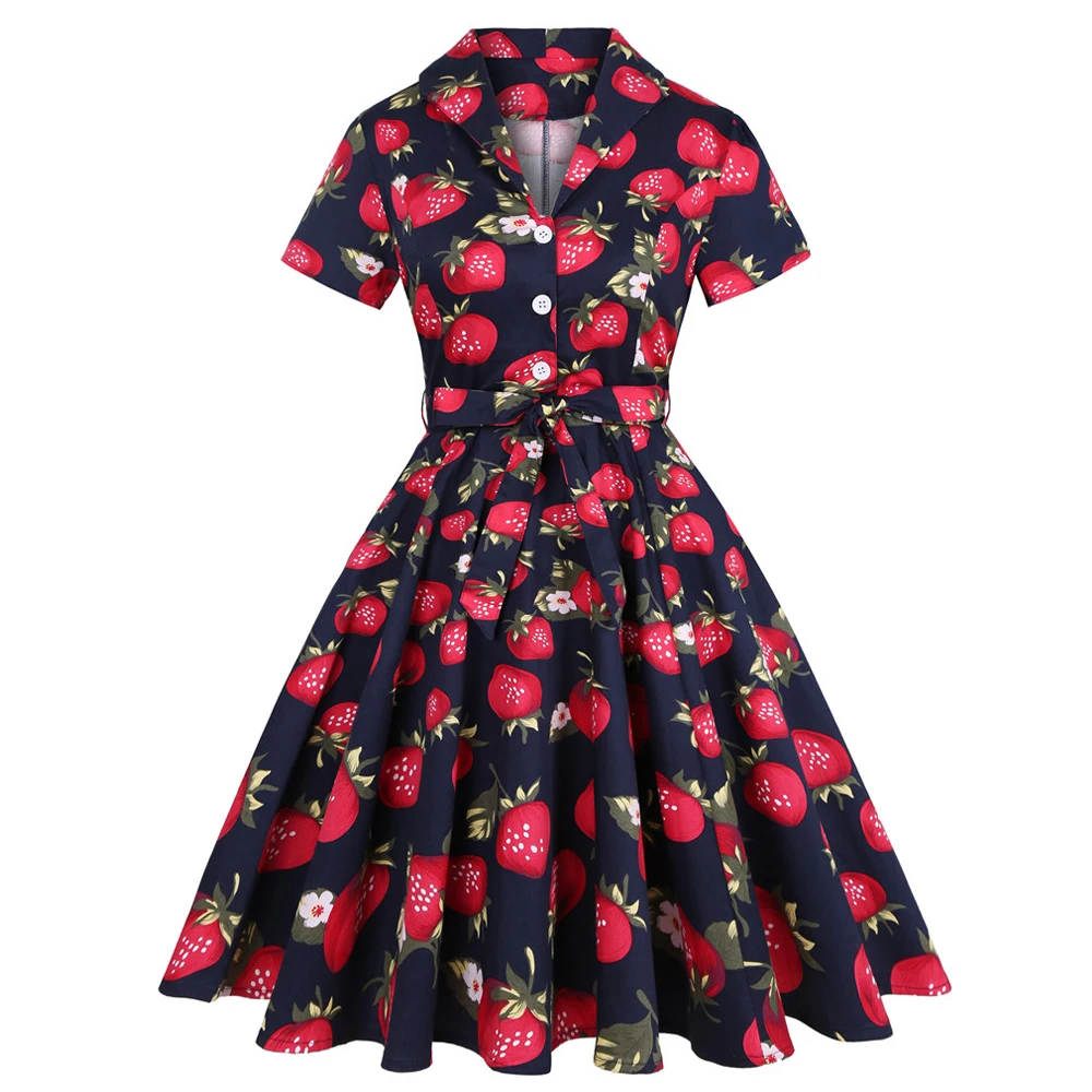 

V-neck Summer Midi Strawberry Dress For Women Print Casual Cotton High Waist A-Line Pleated Robe Female Clothes Hepburn Dresses