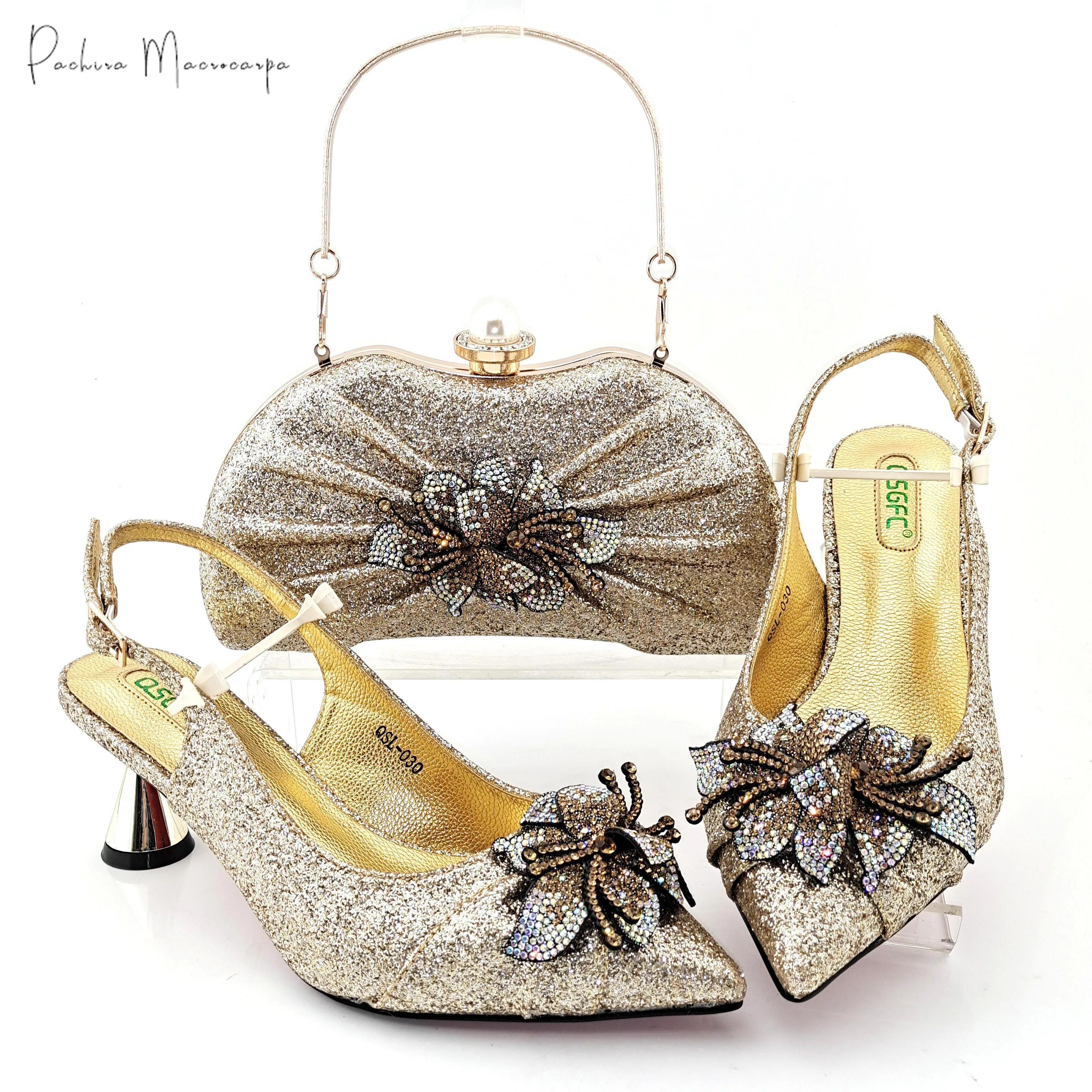 

New Arrival Gold Color Fashion Sepcial Flower Style Decoration Italian Design African Elegant Party Women Shoes and Bag Set