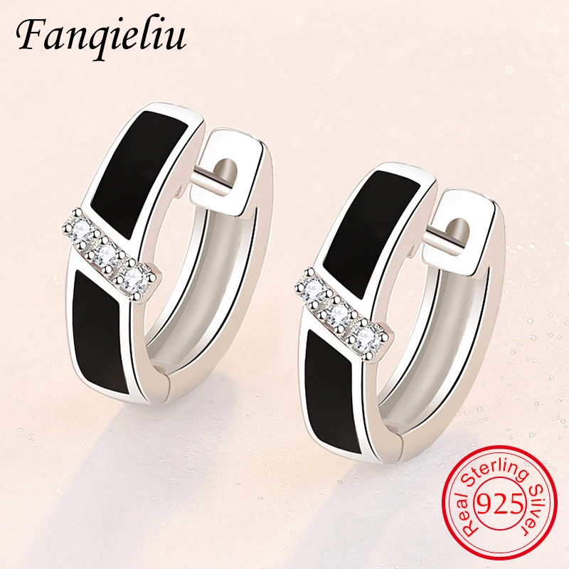 

Fanqieliu Black Round Jewelry Zircon 100% Real 925 Sterling Silver Hoop Earrings For Women Gift Girl FQL21482