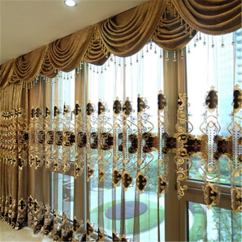 

European luxury embroidered gold curtains for the living room High quality brown chenille Blackout hotels curtain for bedroom