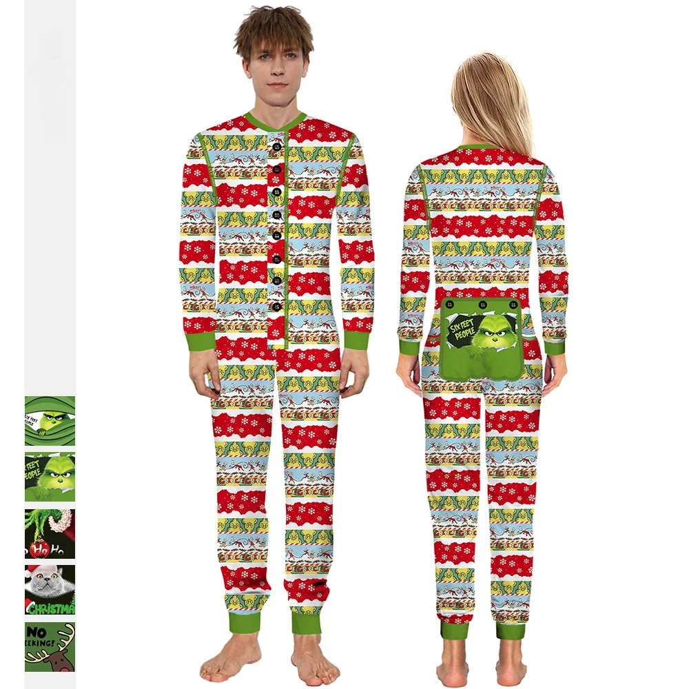 

Fashion Adults Pajama Sets Christmas Grinch Print Sleepwear Suits Fake Buttons Long Sleeve Pullovers and Trousers Home Top Pant