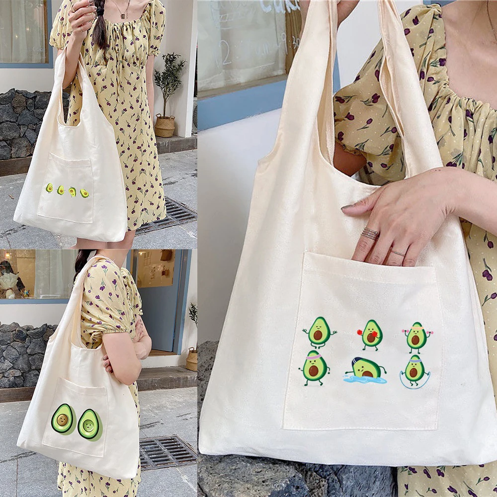 

Women‘s Shopping Bags Canvas Commuter School Vest Bag Eco Cotton Cloth Avocado Series Fabric Grocery Shopper Handbags Tote Bag