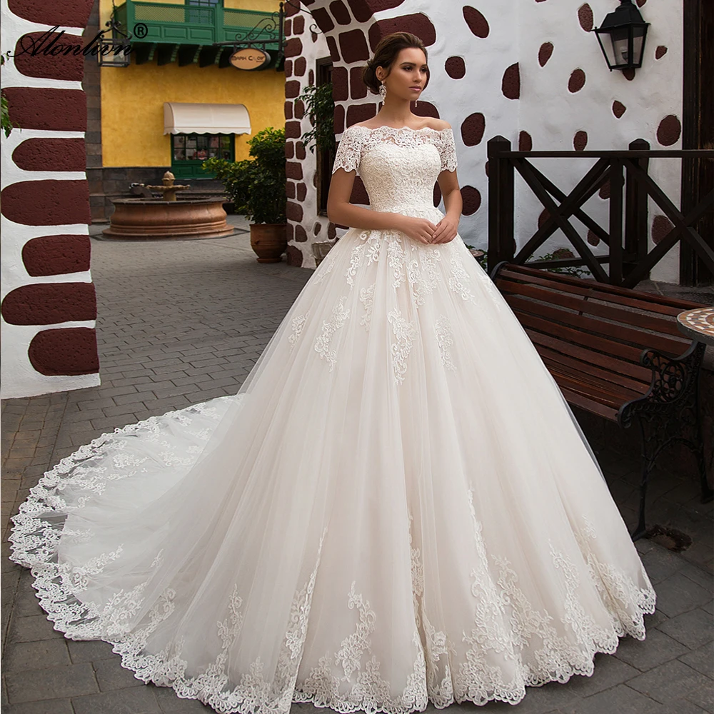 

Alonlivn Boat Neck Floral Print A-Line Wedding Dress With Short Sleeves Elegant Off Shoulder Appliques Button