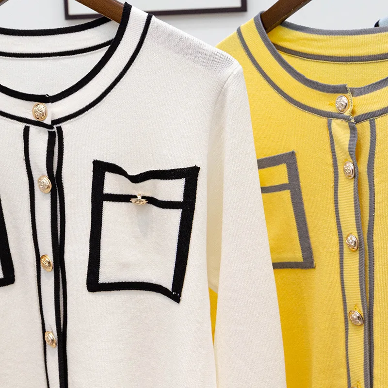 

Spring and Summer Fashion Temperament Small Fragrance Contrast Color Long Sleeve T-shirt Pocket Decoration Sunscreen Shirt Girl