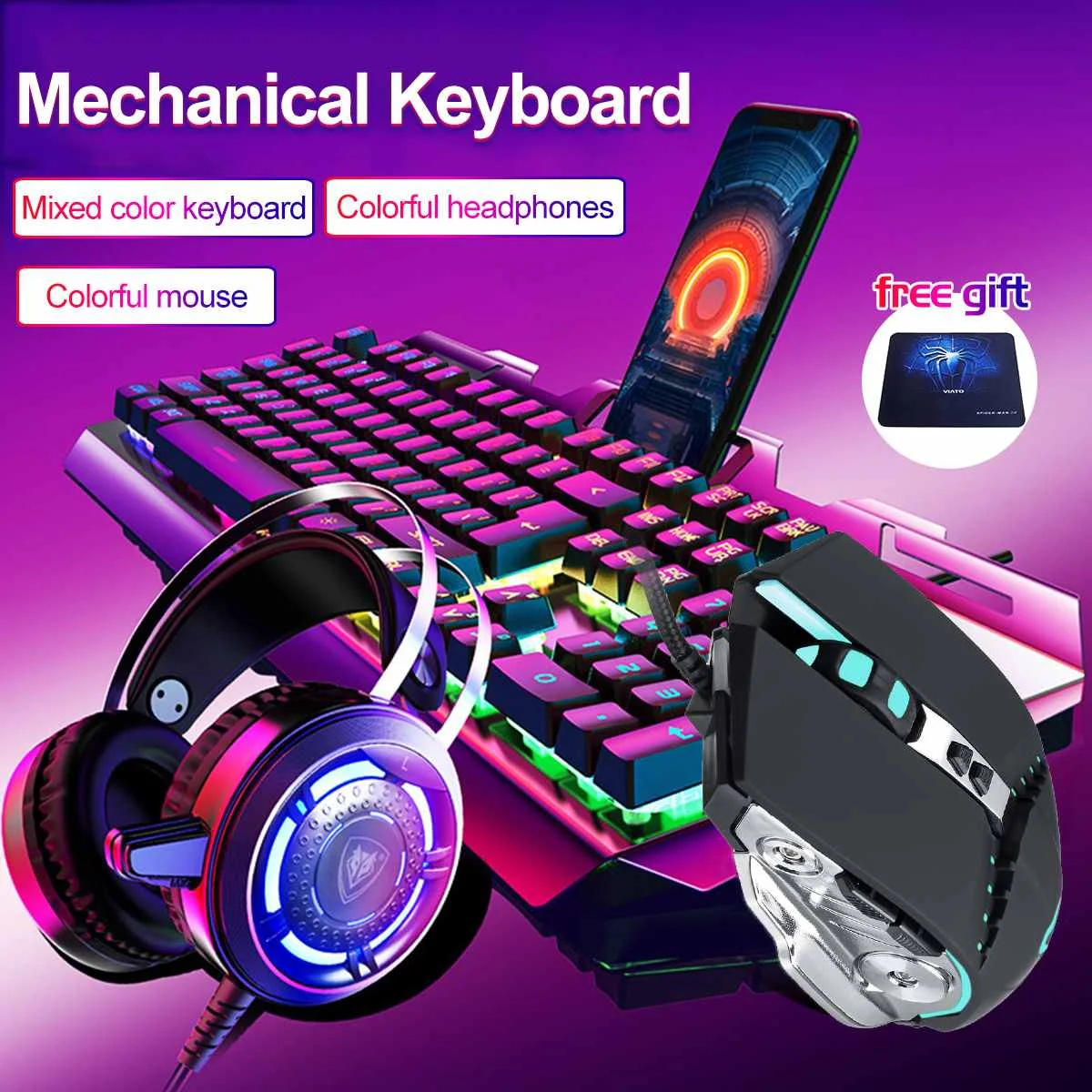 

4Pcs USB 3200DPI Mouse Colorful Headset Rainbow Backlight Mechanical Keyboard Phone Holder Set Pad for Desktop Computer Notebo