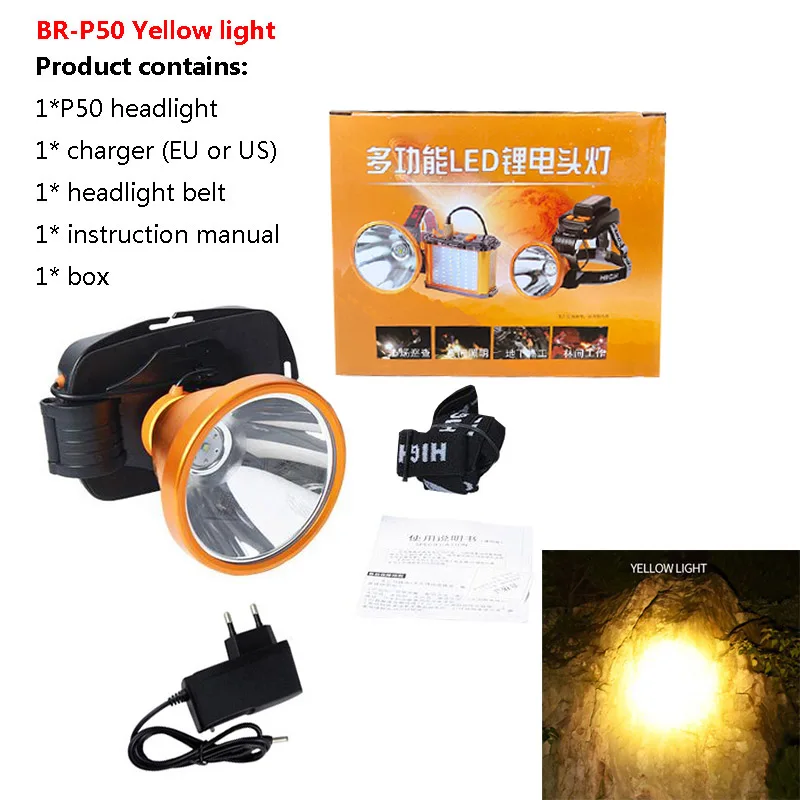 BR-P50 yellow light Фара cree xhp70 или xhp50 со встроенными лампами 6*18650 литиевая батарея Прямая зарядка охотничий фонарик светодиодный налобный фонарь - Испускаемый цвет: BR-P50 yellow light