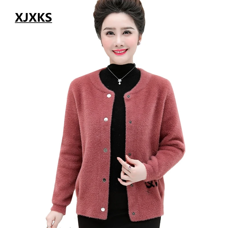 XJXKS Sueter Mujer Invierno плюс размер кардиган Повседневный круглый вырез длинный рукав однобортный пушистый женский свитер пальто