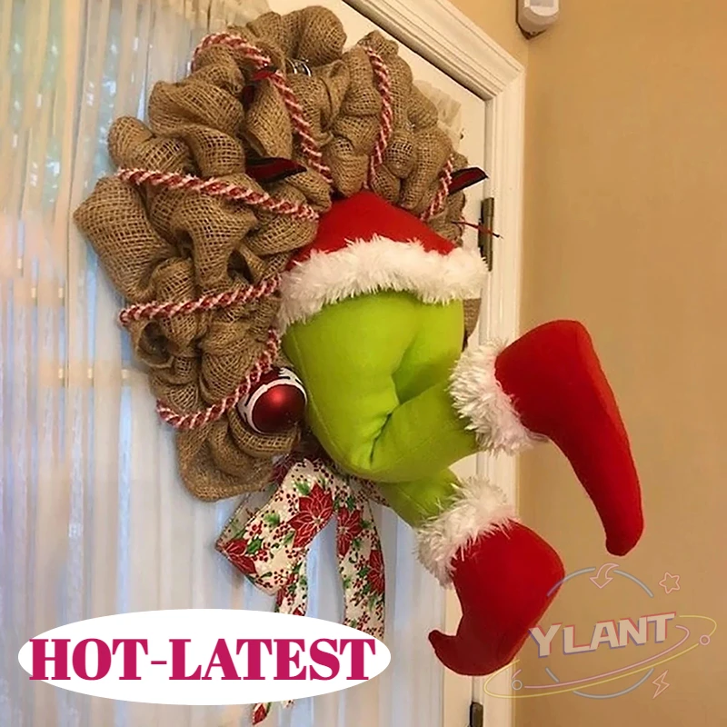 

2022 Christmas Home Front Door Wreath Hoop Thief Burlap Stealer Design Xmas Decor Santa Claus Christmas Tree Ornaments Garlands