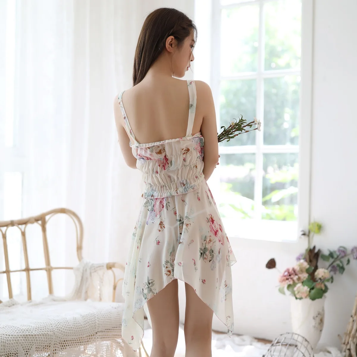 

Summer Nightgowns Sleepshirts Spaghetti Strap Floral Print Nighty for Lady Transparent Sleeveless Dress Sweet Sexy Nightwear