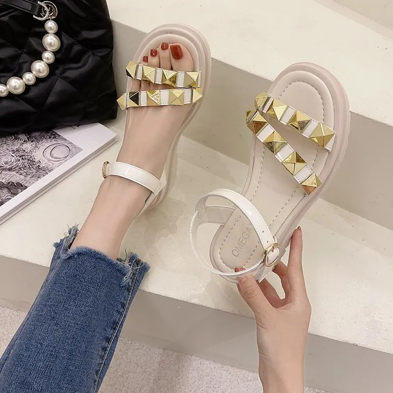 

Beige Heeled Sandals Comfort Shoes for Women Buckle Strap Clogs Wedge 2021 Summer Med Muffins shoe All-Match Black New Fashion P