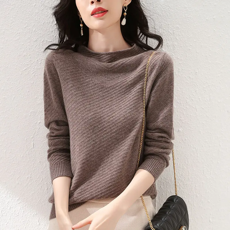 2020 Autumn and Winter New 100% Pure Wool Semi-high Round Neck Woolen Sweater Women's slim Slim Pullover Warm Light Sweate | Женская