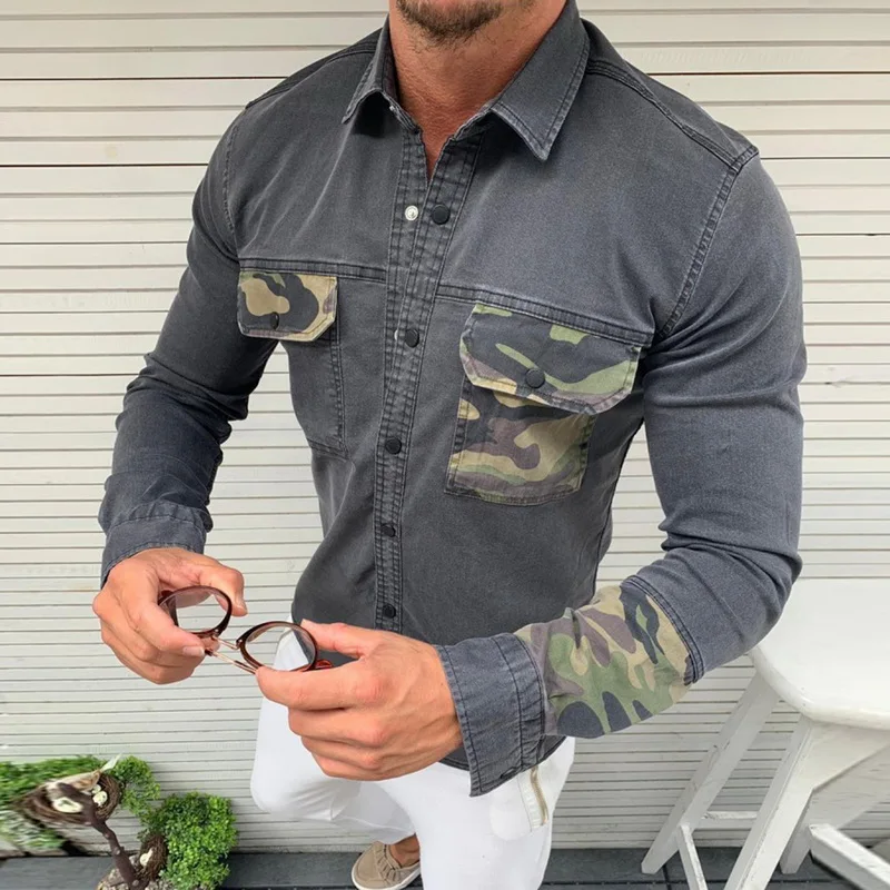 Новинка камуфляжная рубашка с принтом топы для мужчин сшитая джинсовая