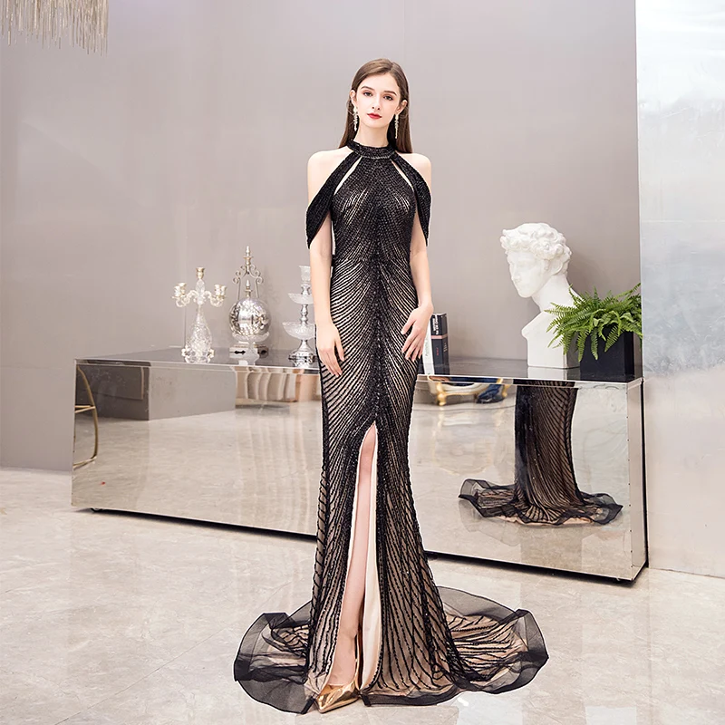 

Gold Mermaid Prom Dresses 2020 Sexy Halter Slit Backless Heavy Beaded Pageant Dresses For Women Luxurious Red Carpet Gown