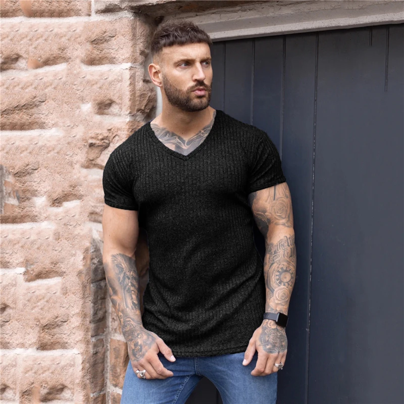 

Summer Fashion Knitted Clothing Men V Neck Short Sleeve t Shirt Fitness Slim Fit Black Strips T-Shirt Male Brand Gym Tees Tops