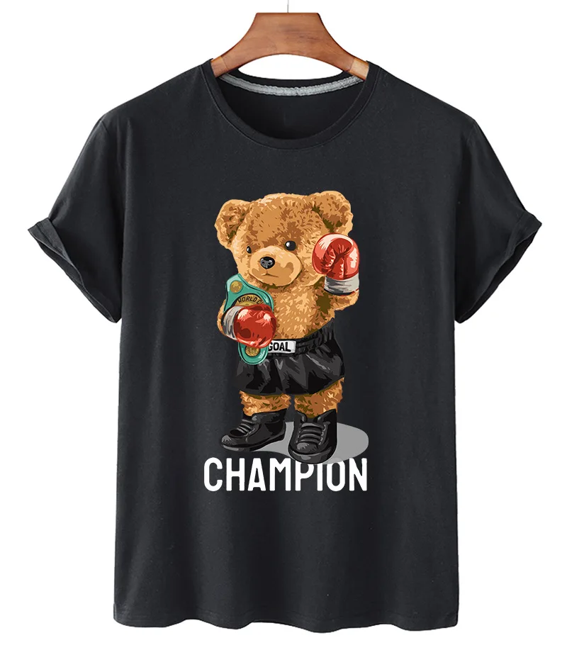 

100% Cotton Boxing Bear Print Short-sleeved T-shirt Women Summer Casual Short-sleeved Couple Oversized T-shirt Ladies Shirt 4XK