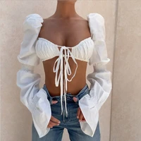 bola 2021 autumn casual blusas women square collar long sleeve sexy chest tie up ruched black tops stretch cotton blouse white