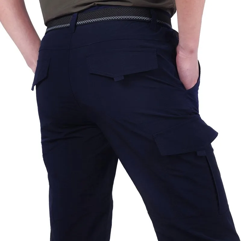 Navy blue Мужские летние спортивные быстросохнущие штаны для занятий спортом на открытом воздухе армейские тренировочные походные альпинистские охотничьи брюки с несколькими карманами дышащие тонкие брюки большого размера - Цвет: Navy blue