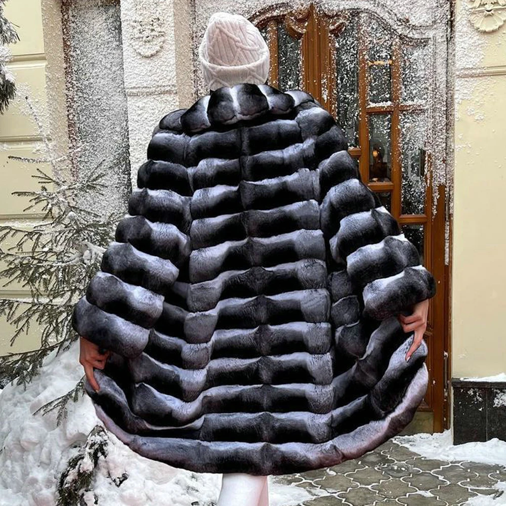 Women Fashion Long Rex Rabbit Fur Coat Natural Women Whole Skin Genuine Rex Rabbit Fur Coats Chinchilla Color Fur Overcoat Woman