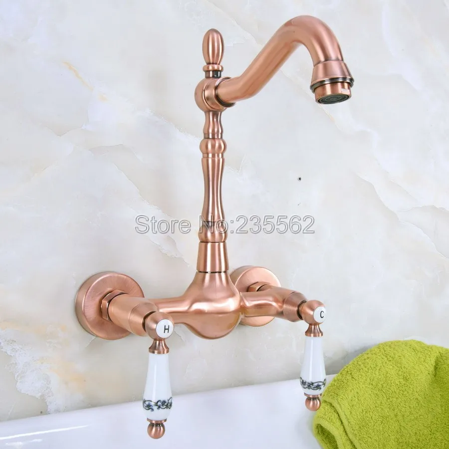 

AAntique Red Copper Bathroom Kitchen Sink Basin Faucet Mixer Tap Swivel Spout Wall Mounted Dual Ceramic Handles Lnf952