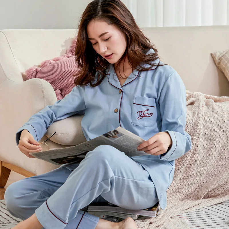 Spring Autumn New Cotton Women's Pajamas Set New Cardigan Lapel Nightgown Simple Long Sleeve Nightwear Home Wear Sleepwear