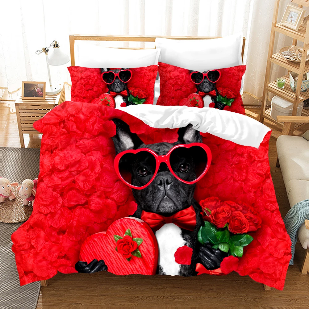 

Red Funny Dog Bedding Set Heart Valentine's Day 3D Print Comforter Luxury Queen King Single Duvet Cover Set Home Textile Decor