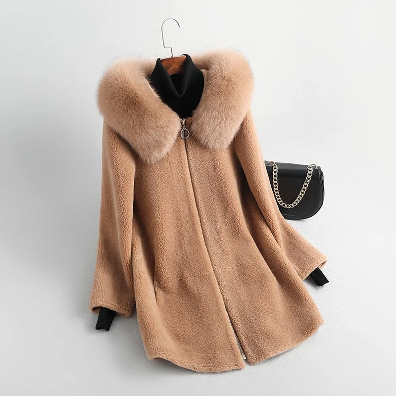 Abrigo de piel auténtica de oveja para mujer, chaqueta de piel de zorro de abrigo con cuello con capucha, lana Natural de oveja, prendas de vestir para mujer Y818