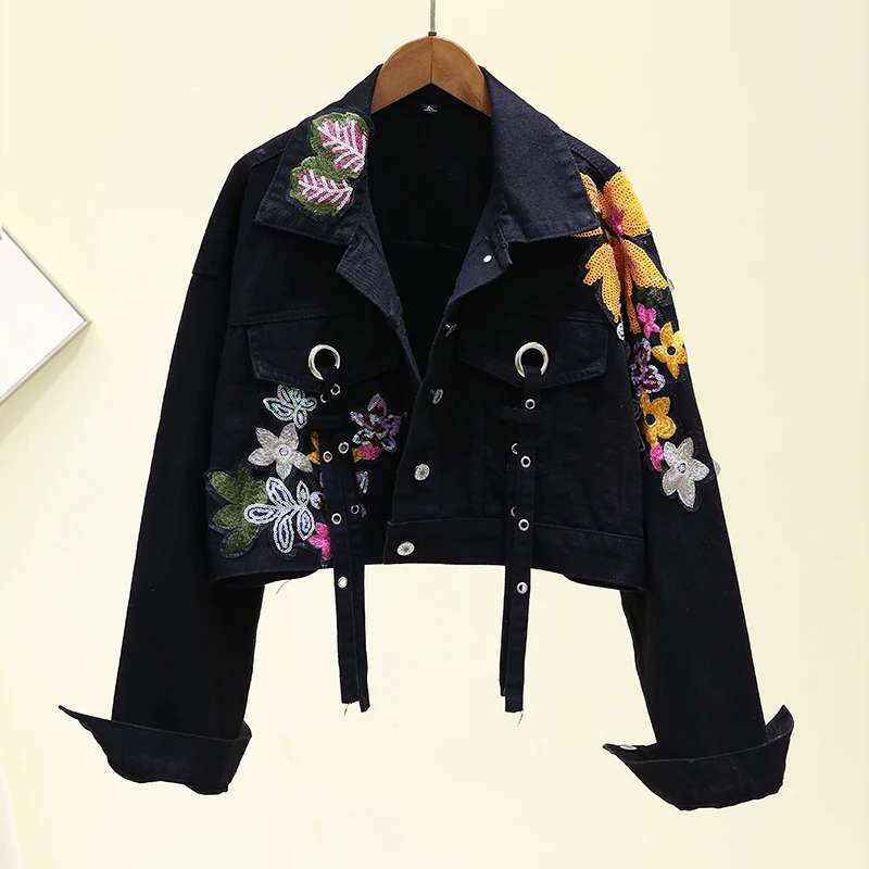 2021 Autumn Denim Jacket Embroidery Short Streetwear Clothes Fashion Cropped Jean Jackets Women Sequins Clothing Coats Vetement
