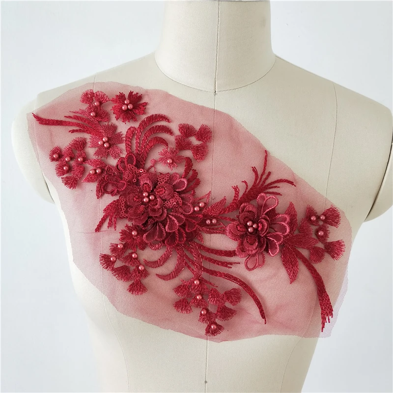 

6 Pieces 3D Pearl Beaded Rosette Lace Applique Flower Lace Pacth Motif Handmade DIY Wedding Dress Evening Dress Accessories