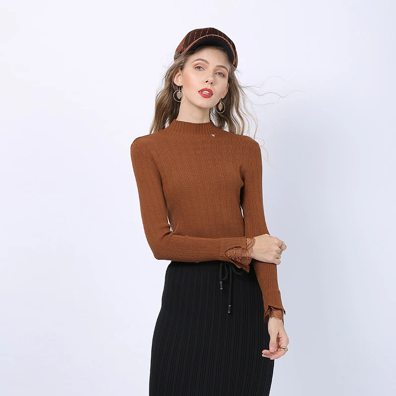 2020 autumn winter lace knit sweater new slimming was thin half-high collar pullover women's bottoming shirt | Женская одежда