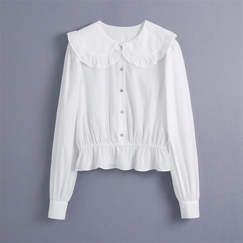 

TRAF Women 2021 Fashion Ruffled White Cropped Blouses Vintage Peter Pan Collar Long Sleeve Female Shirts Streetwear