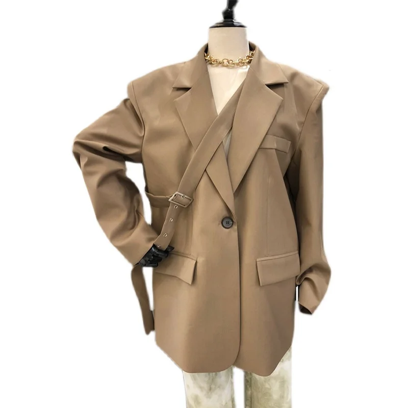 

IEQJ Women black casual elegant All-match Blazer New Notched Long Sleeve Loose Jacket Fashion Tide Spring Autumn 2021 3F1463