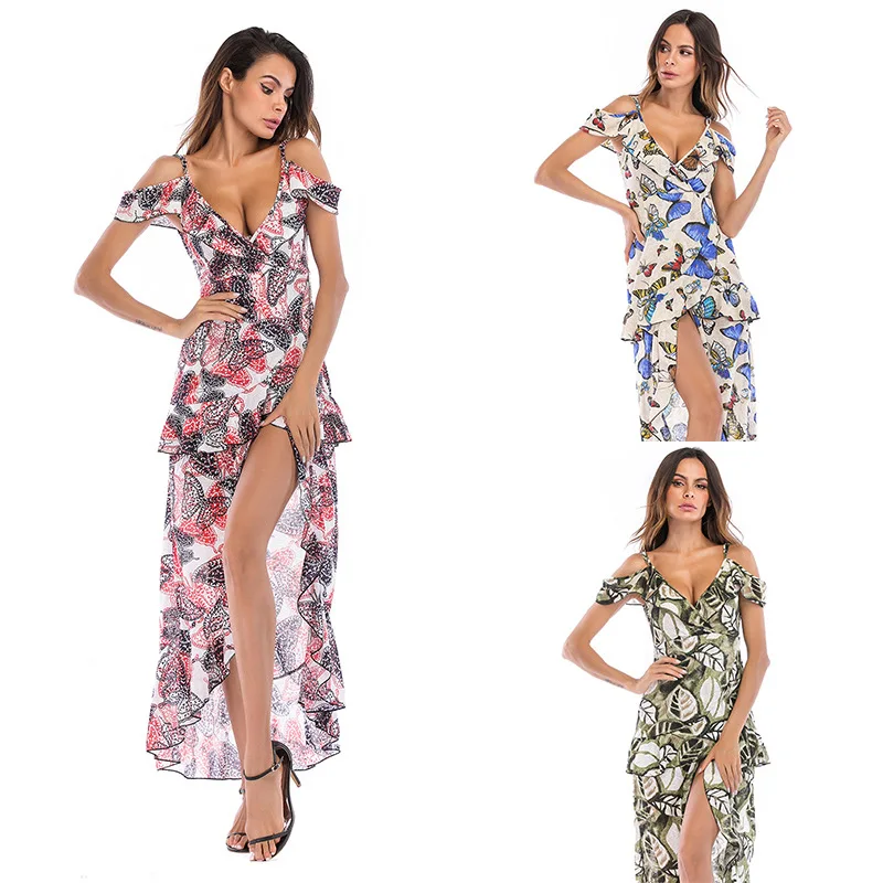

One Piece Skirt Summer Sexy Chiffon Fairy Dungaree Dress Women's European and American Irregular V-neck One Piece Dress Summer