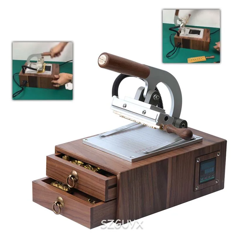

Trademark seal leather plastic wood paper card embossing drawer type stamping machine cowhide number plate PU wallet wood digita