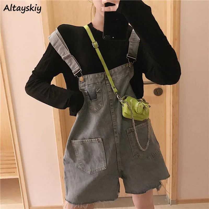 

Женские рваные джинсовые комбинезоны с карманами и меховой подкладкой, свободные широкие брюки в стиле Харадзюку, Корейская уличная одежда...