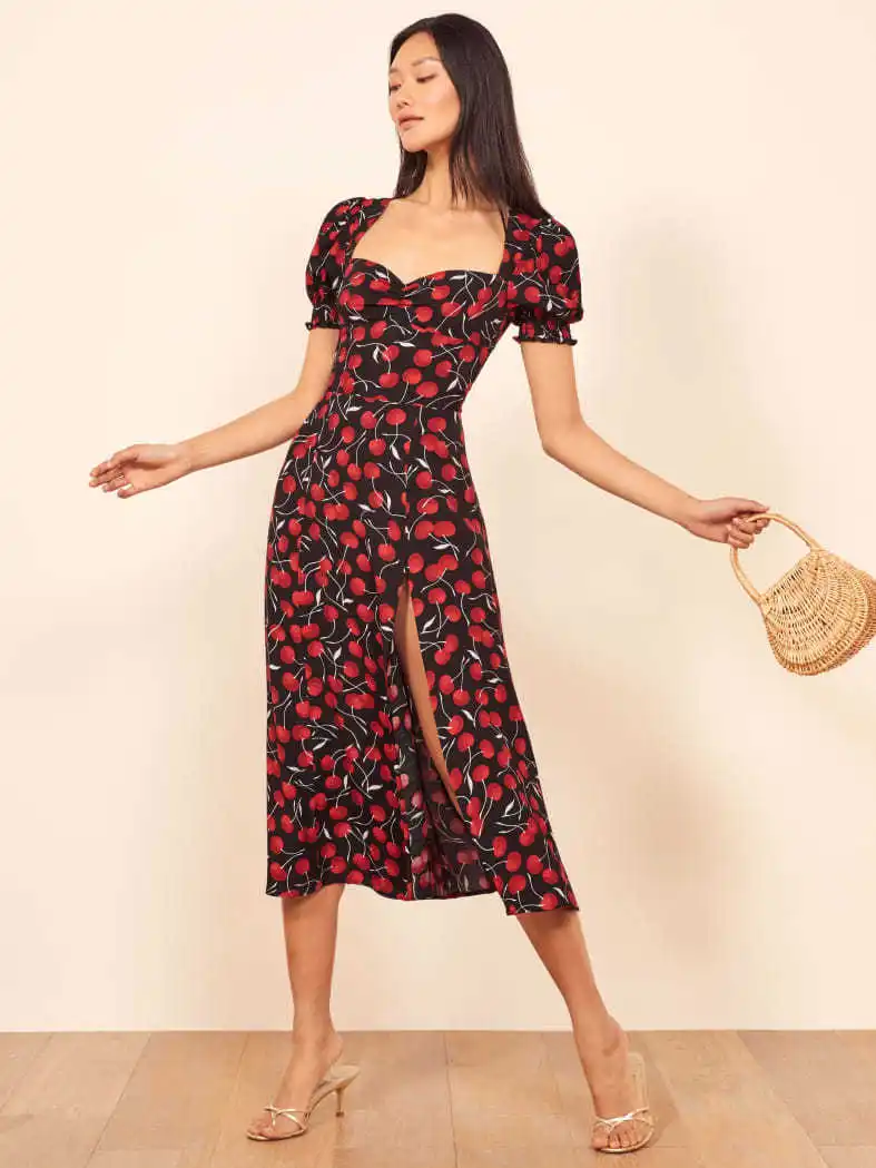 

Summer new refor * ation French cherry square neck slit medium length dress waist A-line skirt