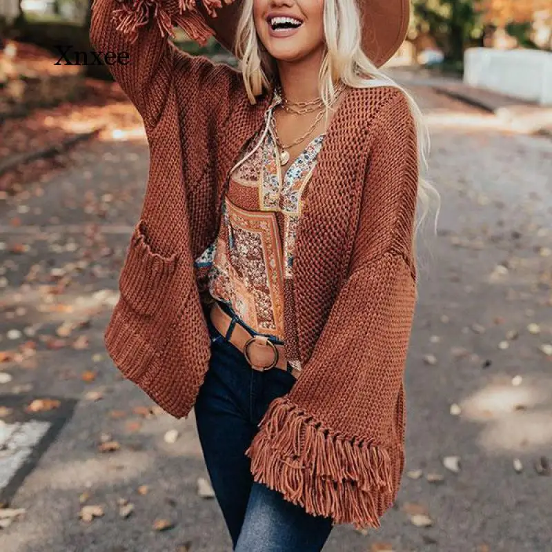 

2021 Women's Long Sleeve Loose Fringed Sweater Oversized Casual Pure Color Knitted Pocket Fashion Sweater Pullover Women's Coat