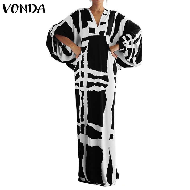 VONDA/платье большого размера, осень, сексуальные платья с v-образным вырезом и длинными рукавами, женские свободные сарафаны, повседневные богемные платья