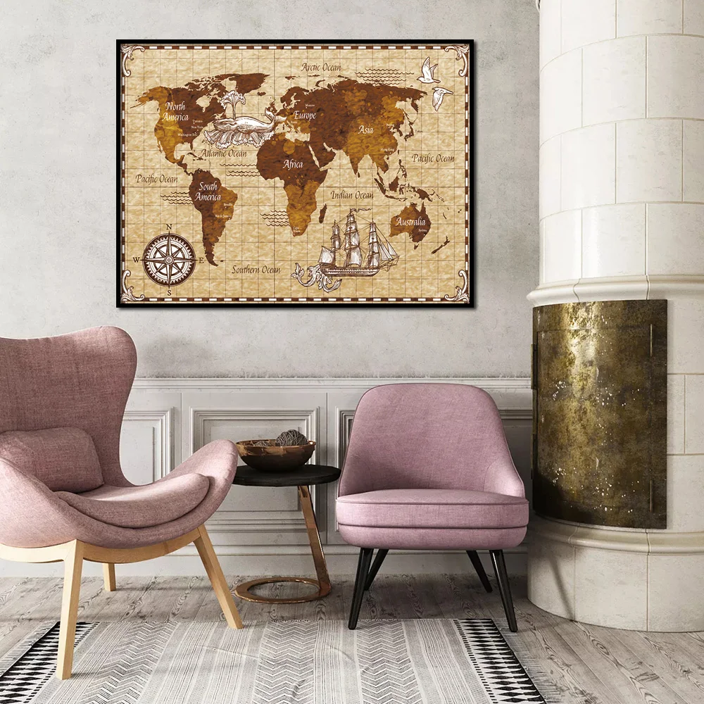 

Nordic Poster World Map Ocean Retro Print Scandinavian Wall Art Canvas Painting Wall Pictures for Living Room Home Office Decor