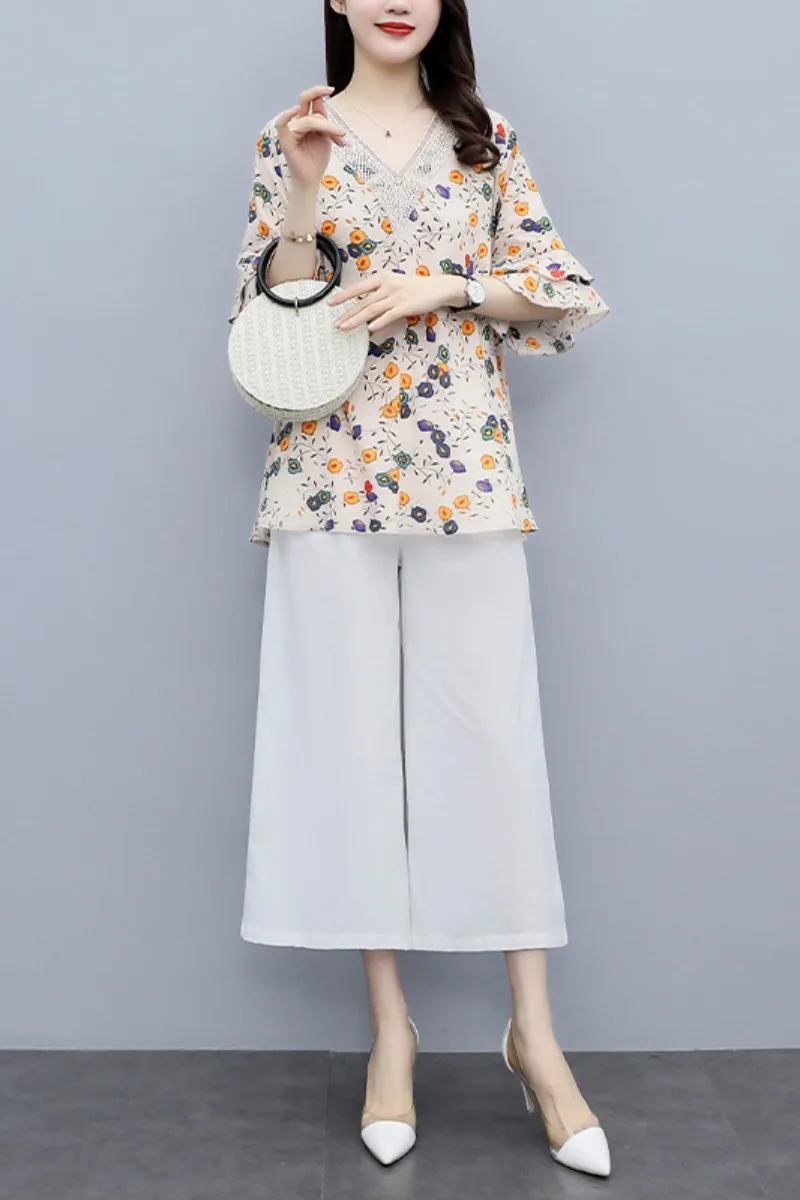 

Summer 2021 Women Suits Fashion Middle-aged Floral Printing Large Size Two-piece Set Female Clothing Sets For Female