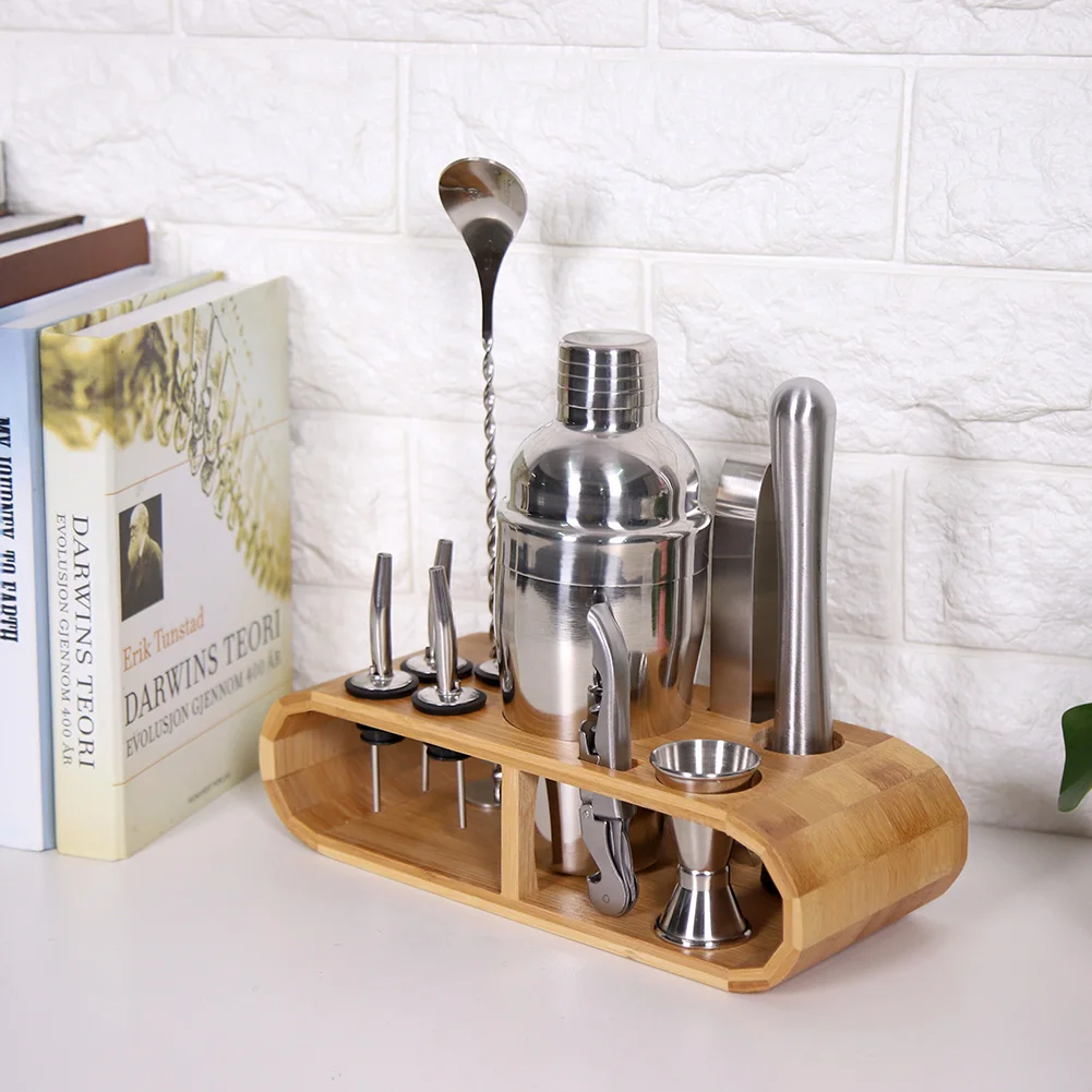 

with wooden base Stainless Steel Food Grade Shaker Bar Accessories 11 Piece Set for Cocktail