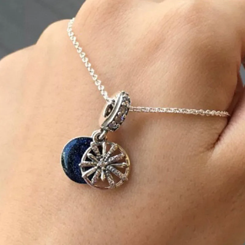 

S925 Silver Necklace Fashion Simple Blue Double Pendant Charm Lady Necklace