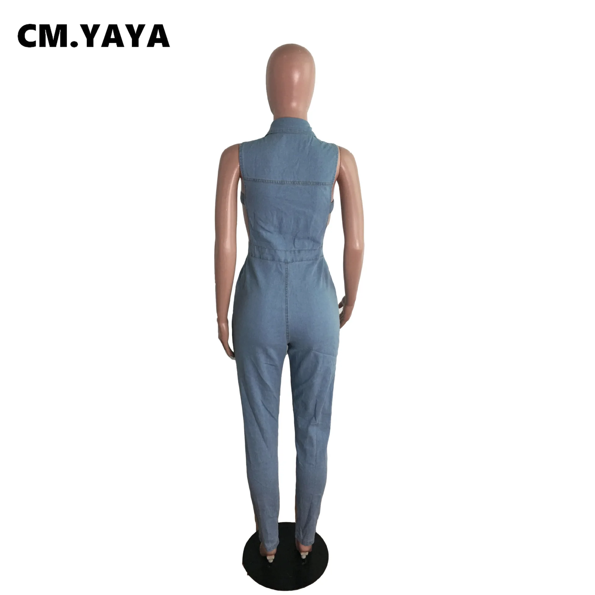 Женский джинсовый комбинезон CM.YAYA однобортный эластичный без рукавов с отложным